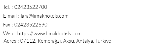 Limak Lara Deluxe Hotel & Resort telefon numaralar, faks, e-mail, posta adresi ve iletiim bilgileri